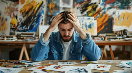 A pensive artist sits at a cluttered table, overwhelmed by sketches and paintings, reflecting the struggle and creativity in the artistic process.