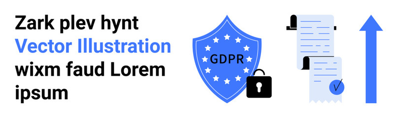 GDPR compliance shield with lock, documents, and upward arrow in blue theme. Ideal for data protection, legal services, privacy policies, cybersecurity, business compliance, IT services, and online