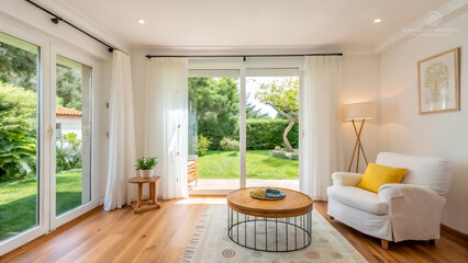 Fototapeta premium Modern living room with fireplace and stylish furniture