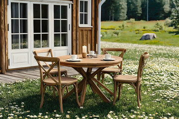 Obraz premium Serene outdoor dining scene featuring a rustic wooden table and chairs set amidst a field of wildflowers, near a charming wooden house.