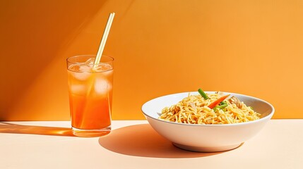 A minimalist table setup with tom yum kung noodles as the centerpiece, paired with a glass of iced tea.