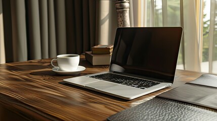 Fototapeta premium A minimalist workspace with a laptop, a cup of coffee, and a notebook on the desk.