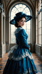 Victorian Elegance: Red-Haired Girl in Blue Dress with Lace and Hat