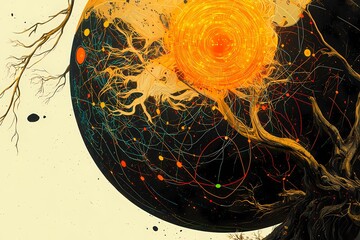 Abstract Cosmic Tree With Radiant Sun and Mysterious Elements