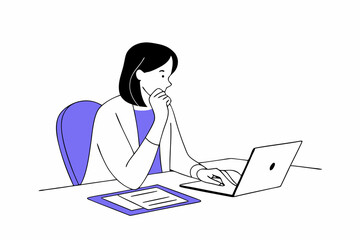 Thoughtful businesswoman with hand on chin sitting at desk and working at office
