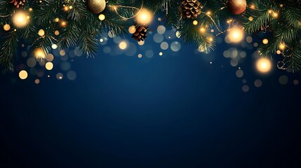 Christmas garland with warm bokeh lights glowing softly over a dark blue festive background