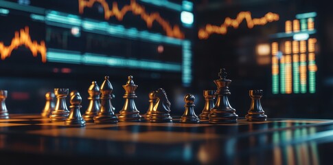 realistic stock market trading concept featuring chessboard with metallic chess pieces, symbolizing strategy and decision making in finance