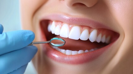 Fototapeta premium Dentist Examining Patient s Teeth with Dental Mirror and Tool in Dental Clinic