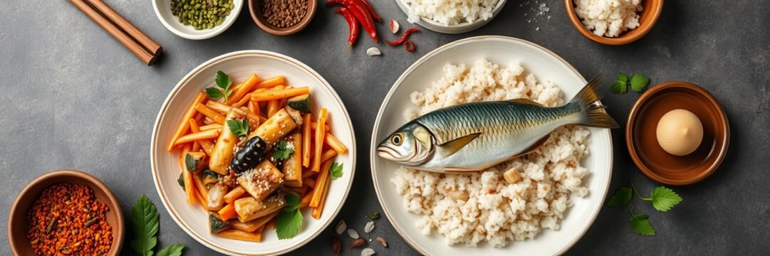 Overhead view of kao pad pla kem salty mackerel fried rice with colorful vegetables and seasonings on a black plate, garnishing, top view