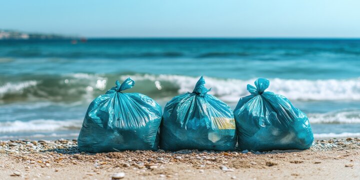 Three bags of blue plastic trash on beach, highlighting environmental concerns and pollution. serene ocean waves contrast with waste, emphasizing need for cleanliness