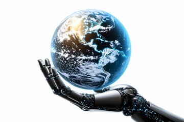 Robotic Hand Holding Earth Globe with Digital Connections and Light