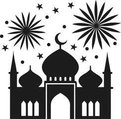Mosque Silhouette with Fireworks and Stars Vector Illustration