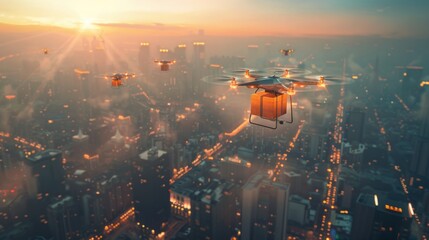Drone Delivery System: Futuristic Cityscape at Sunset