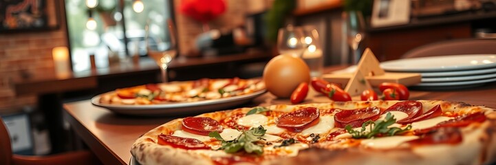 Pizza served on a wooden board in a cozy pizzeria setting with dim lighting, tasty, cuisine