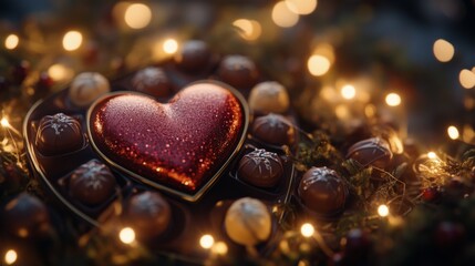 Fototapeta premium Heart-shaped box of assorted chocolates with glowing lights for a romantic occasion