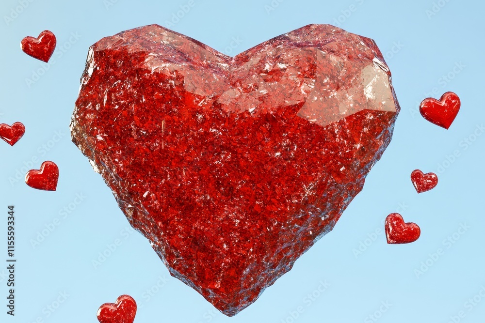 Poster a 3d-rendered scene of a large valentine heart made of crystal, glowing with vibrant red light and s