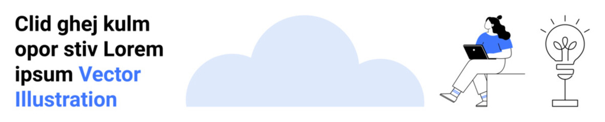 Woman working on laptop, cloud shape, and lit bulb with plant. Ideal for remote work, cloud storage, creativity, tech solutions, innovation, future workplace, sustainability. Landing page