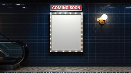 Empty Cinema Poster Panel on Theater Walkway with Coming Soon Text for Design Mockup