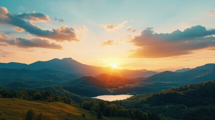 Fototapeta premium breathtaking landscape featuring mountains, serene lake, and vibrant sunset. scene captures beauty of nature with lush greenery and dramatic clouds