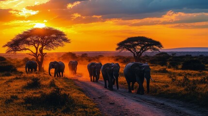 Fototapeta premium Dusk silhouettes of elephants walking toward a mountain in the African savanna