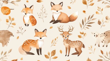 Adorable watercolor foxes, deer, and hedgehog amidst autumn leaves and branches.
