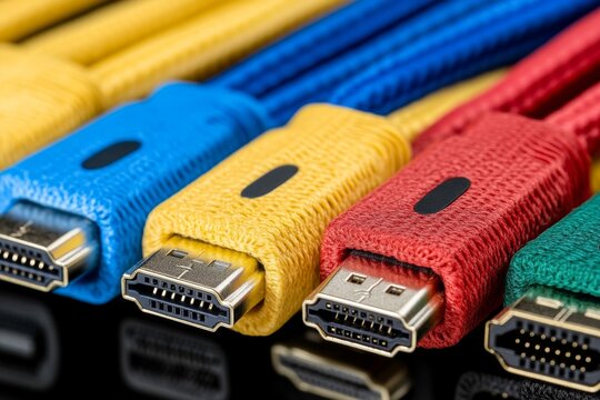 A bundle of HDMI cables with colorful connectors, neatly tied together, resting on a tech setup