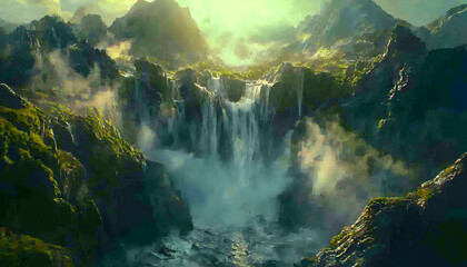 Majestic waterfall cascading down lush green mountains, creating a mystical and serene atmosphere.