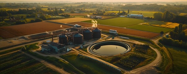 Obraz premium Aerial view of an industrial complex surrounded by green fields and farmland, showcasing machinery and infrastructure in a serene rural setting during golden hour.