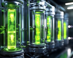 Close-up view of advanced laboratory equipment showcasing glowing green samples in transparent containers, illustrating cutting-edge scientific research and biotechnological innova