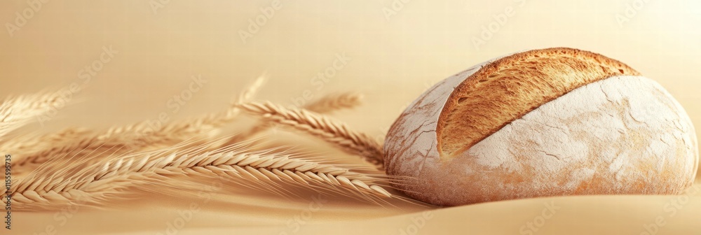 Leinwandbilder minimalist bread loaf resting beside wheat grains on a smooth surface with space for text placement 