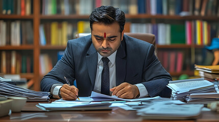 Indian lawyer writing notes at office desk with documents and bookshelf background