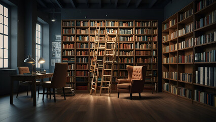 Cozy Library with Bookshelves Filled with Books and a Wooden Shelf Displaying the Word 'Library