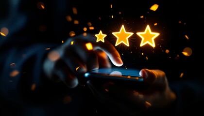 A person's hand interacts with a smartphone while glowing stars appear above.