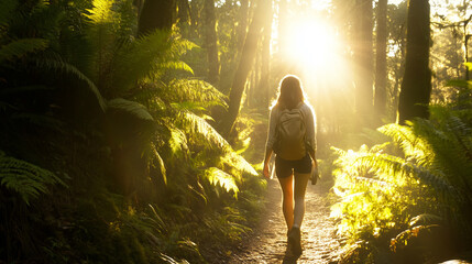 Hiking through a sunlit forest path surrounded by lush greenery and warm sunlight