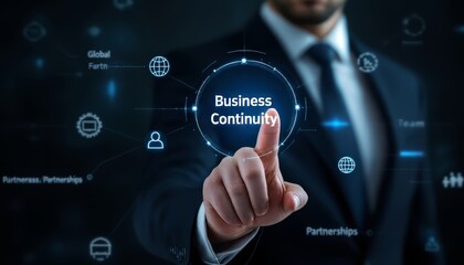 Business continuity concept with a professional male figure interacting with digital graphics.