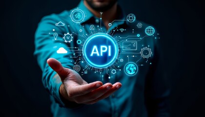 A man shows an illuminated API symbol with technology icons around it.