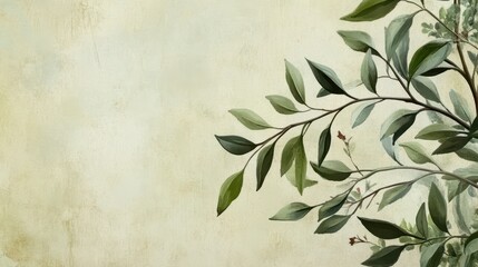 Watercolor painting of green leaves on textured background.