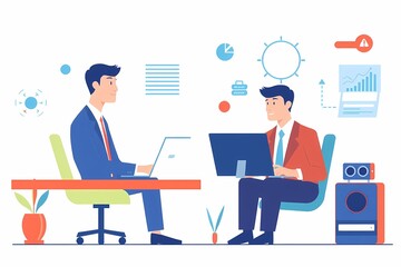 Business Partnership: Two professionals collaborating on a project, engaged in a productive conversation with laptops in hand, surrounded by business icons and a modern office setting.