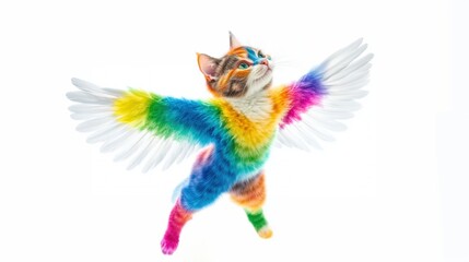 Obraz premium A colorful cat with wings, soaring in a vibrant, whimsical style.