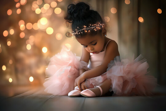Sweet little girl wearing a soft pink tutu skirt, sitting on the floor with ballet slippers in her hands, looking down thoughtfully.