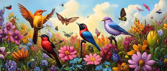 Vibrant and colorful scene featuring various birds amongst blooming flowers and butterflies, showcasing nature's beauty in springtime.
