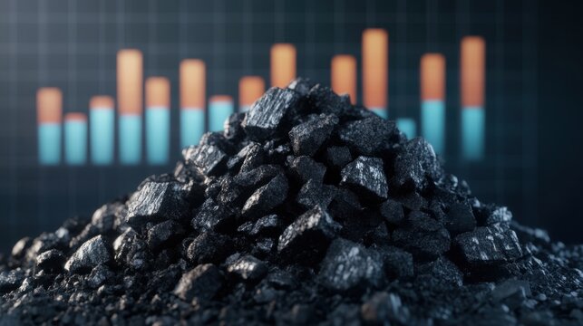 A close-up of coal piles with a vibrant, digital bar graph in the background, symbolizing energy production and economic trends.