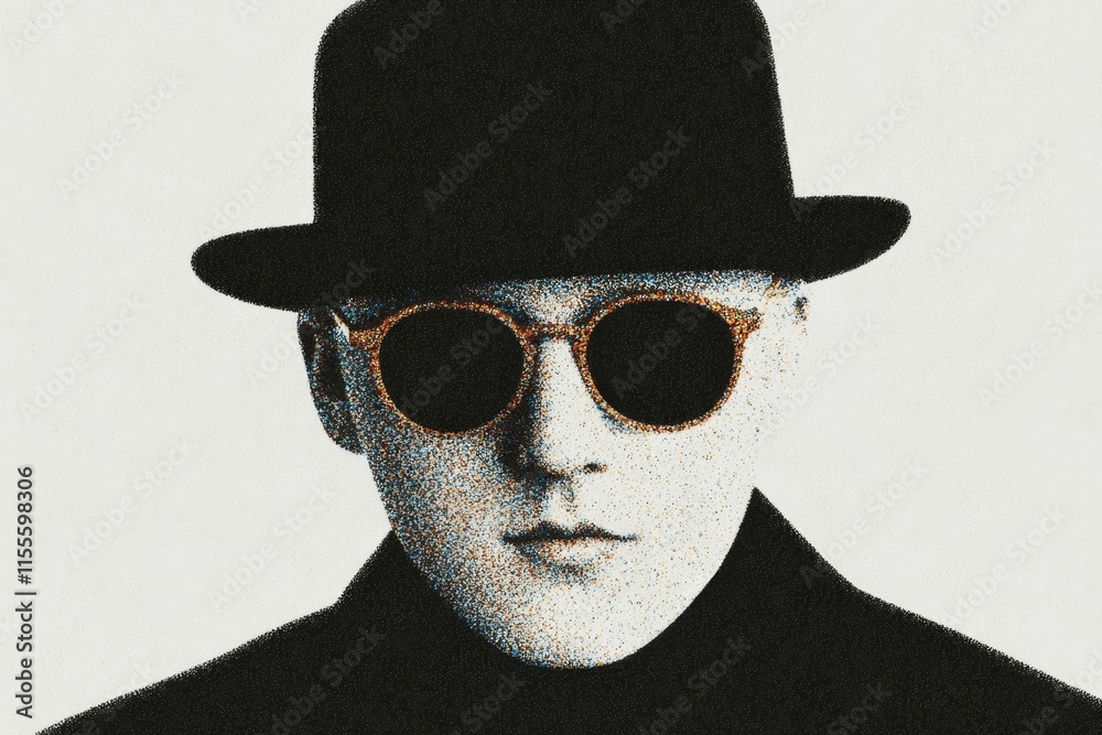 Poster a flat vector design of a pair of oversized hipster glasses and a bowler hat, with a minimalist back