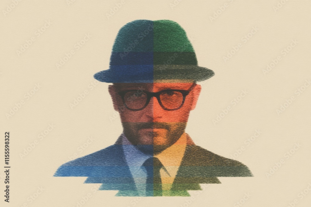 Poster a flat vector design of a pair of oversized hipster glasses and a bowler hat, with a minimalist back