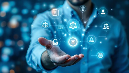 A man presenting digital law and finance symbols with a glowing effect.