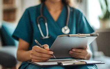 A healthcare professional in scrubs reviews patient information on a digital tablet, emphasizing modern medical practices and attention to detail.