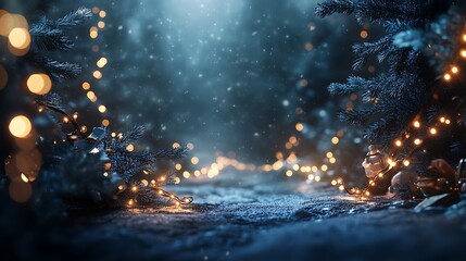 Subtle glowing garlands adding warmth to a serene dark blue holiday scene