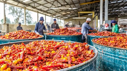 of a beef jerky manufacturing process with raw meat in large storage bins, and workers preparing products for export to international markets. [Export products]:[Meat] 