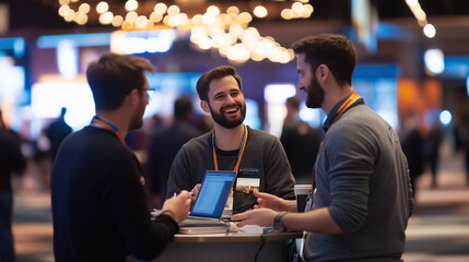 Networking event in a busy conference with attendees engaging and sharing ideas at a modern venue