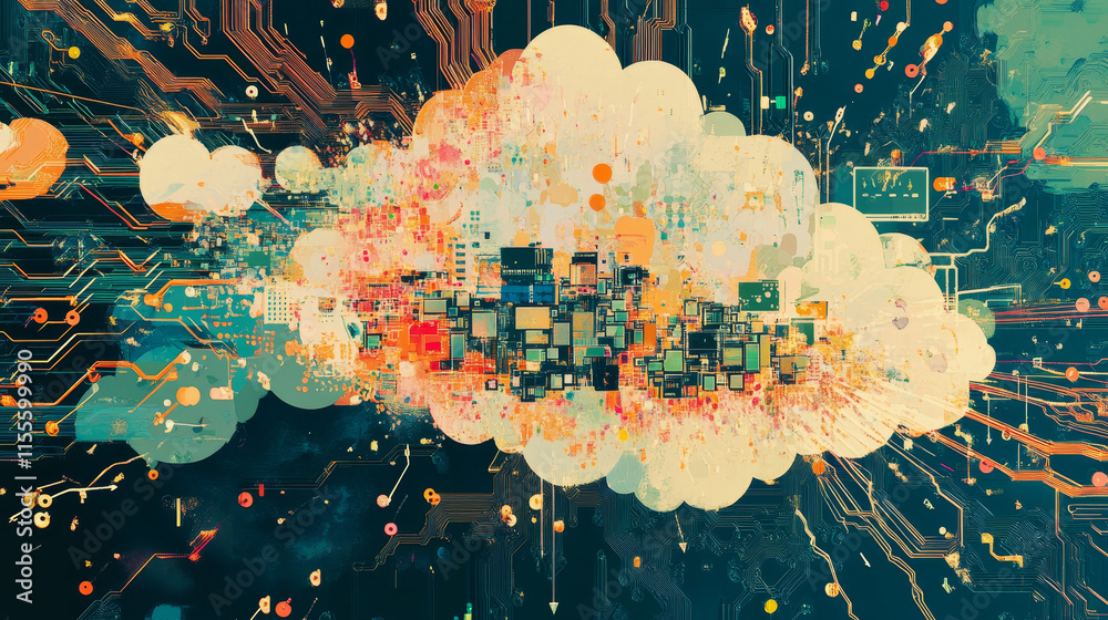 Poster a circuit board in the form of a cloud. microchip cloud with arrow background. high-tech vector illu